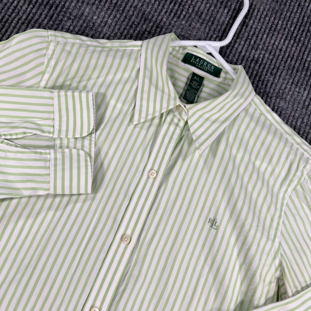 Lauren Ralph Lauren Shirt Womens Petite Large Green Striped Long Sleeve Button